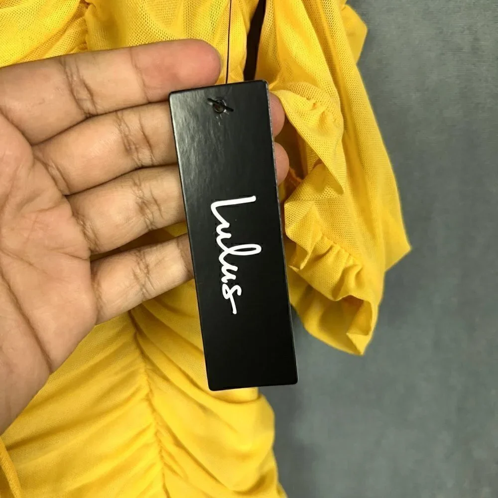 LULUS Dress Womens Size L Mustard Yellow Ruched Off-the-Shoulder Bodycon - Picture 6 of 12